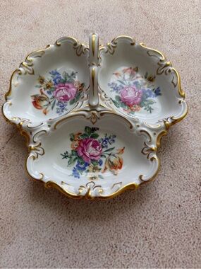 Vintage Jimenau Von Henneburg White Porcelain Divided Dish with Gold Trim